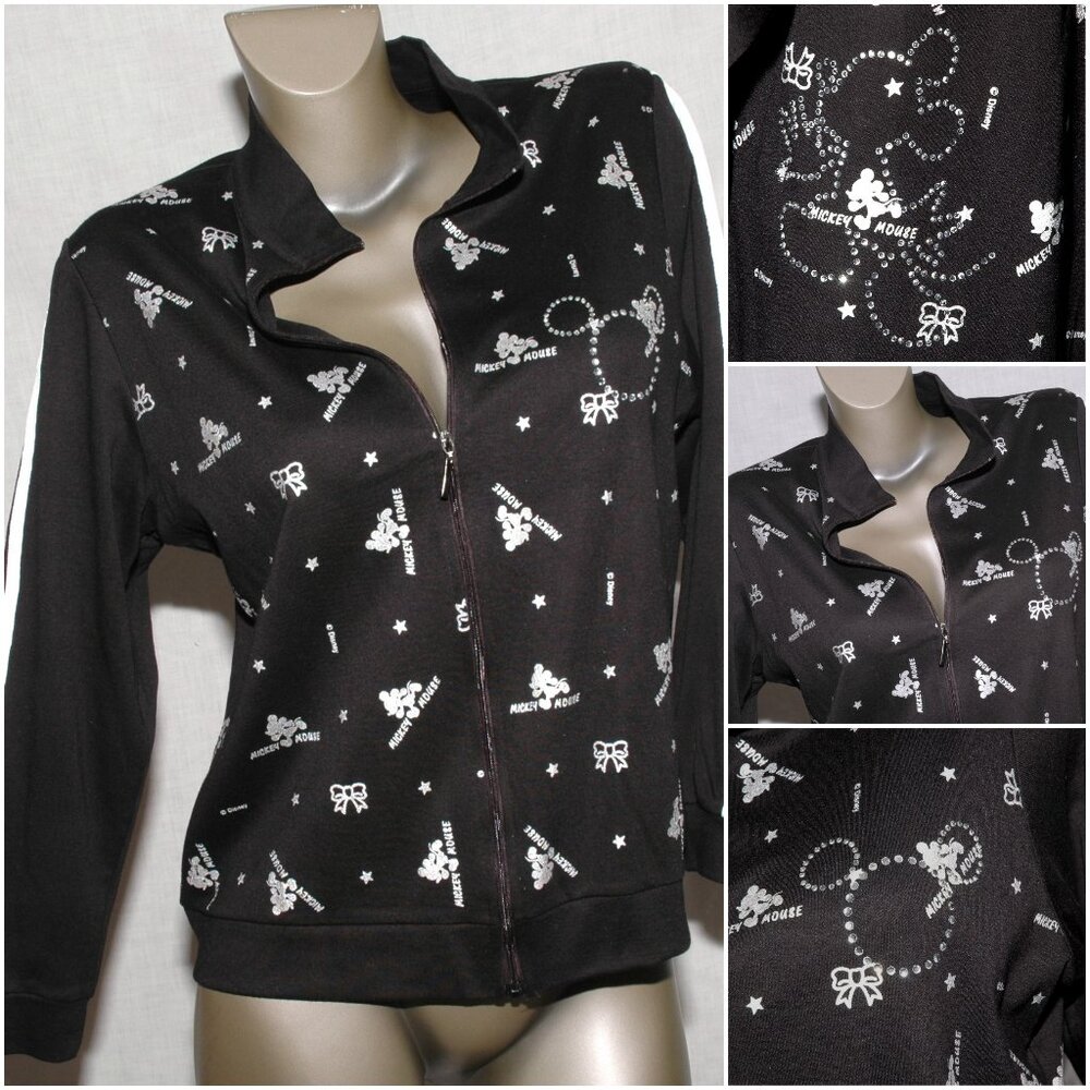 Disney Mickey Mouse w/ Rhinestones Track Jacket Zip Top Shirt Sweater Vintage